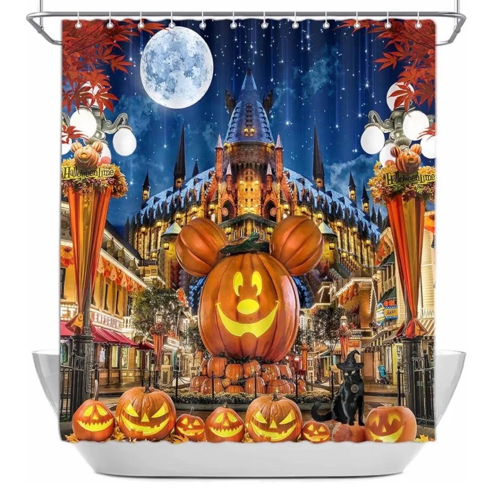 Pumpkin Mickey Mouse Halloween Shower Curtain, 72 x 72,Cartoon Pumpkin Castle